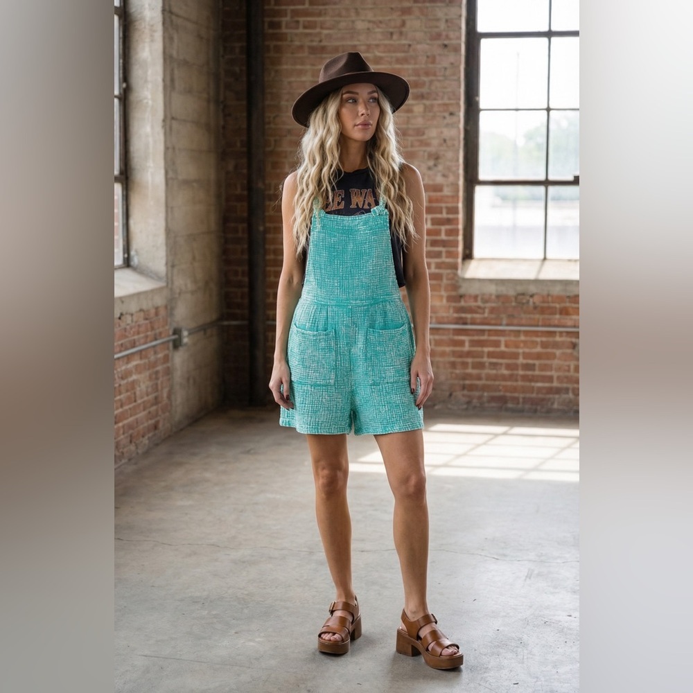 NWT Textured Gauze Washed Turquoise Knot Strap Jumper Overalls Shortalls Romper